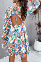 Elegant Printed V Neck Ruffled A Line Mini Dress | Mixtshop LLC