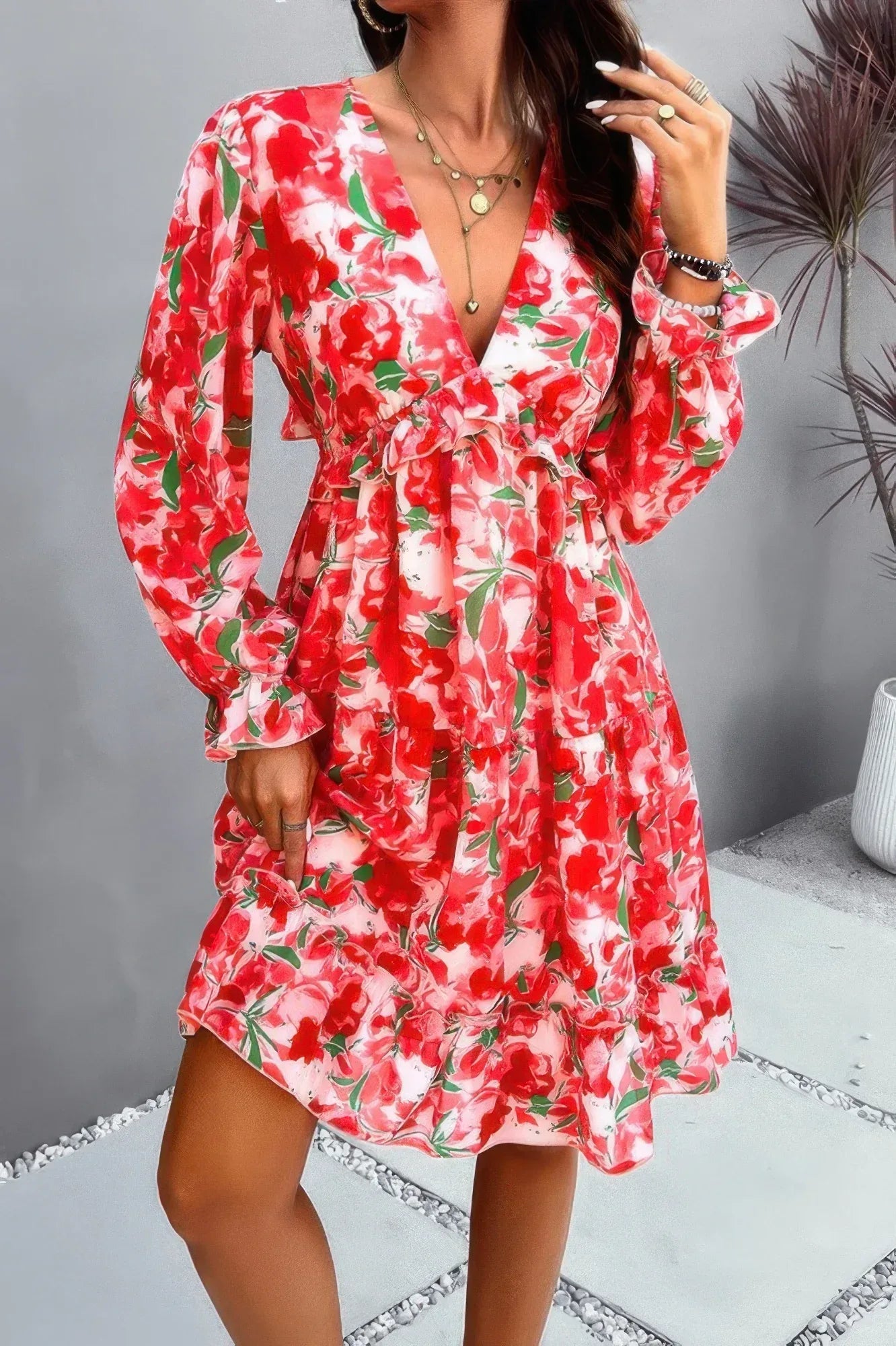 Elegant Printed V Neck Ruffled A Line Mini Dress | Mixtshop LLC