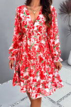 Elegant Printed V Neck Ruffled A Line Mini Dress | Mixtshop LLC