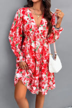 Elegant Printed V Neck Ruffled A Line Mini Dress | Mixtshop LLC