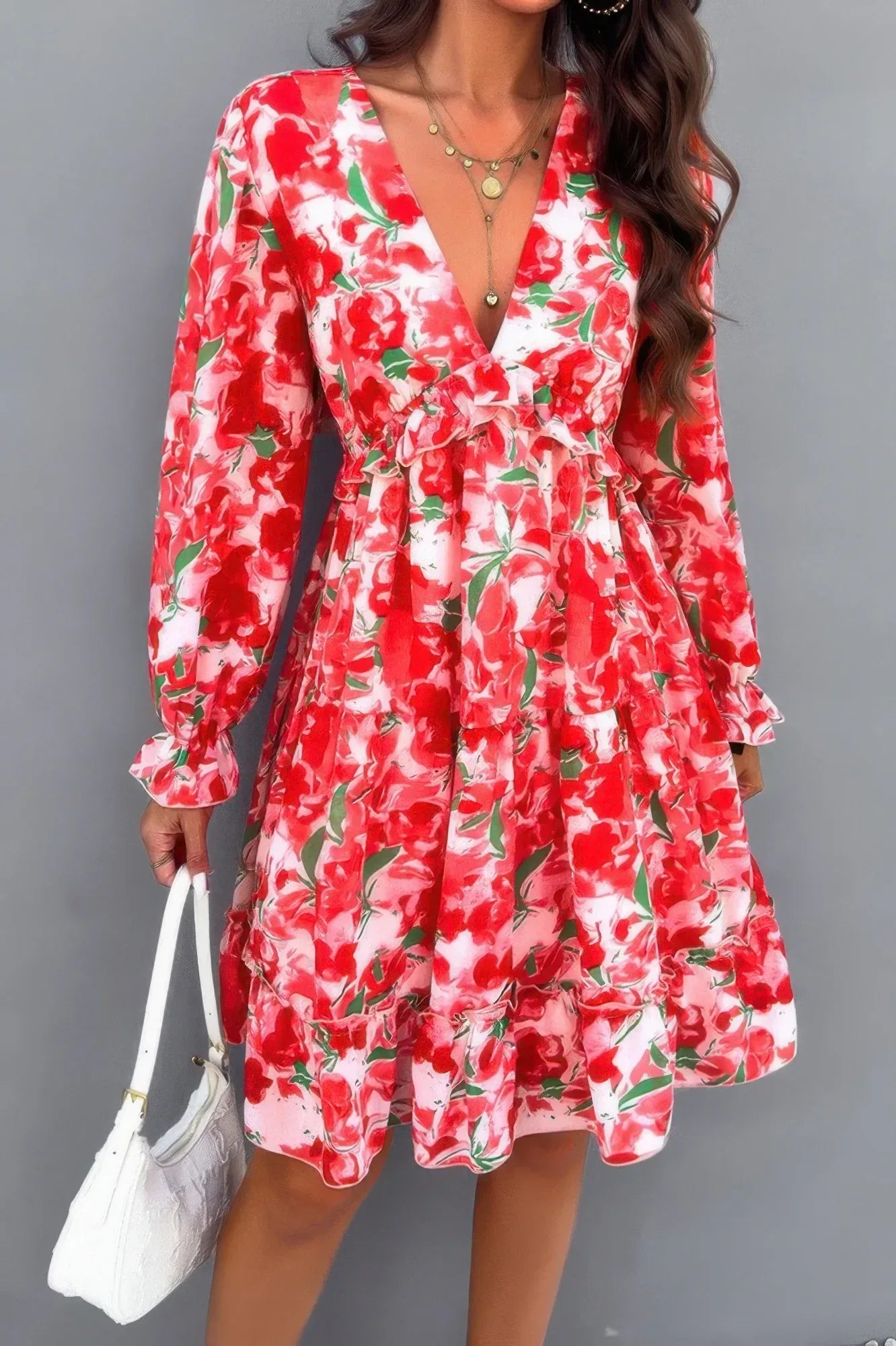 Elegant Printed V Neck Ruffled A Line Mini Dress | Mixtshop LLC