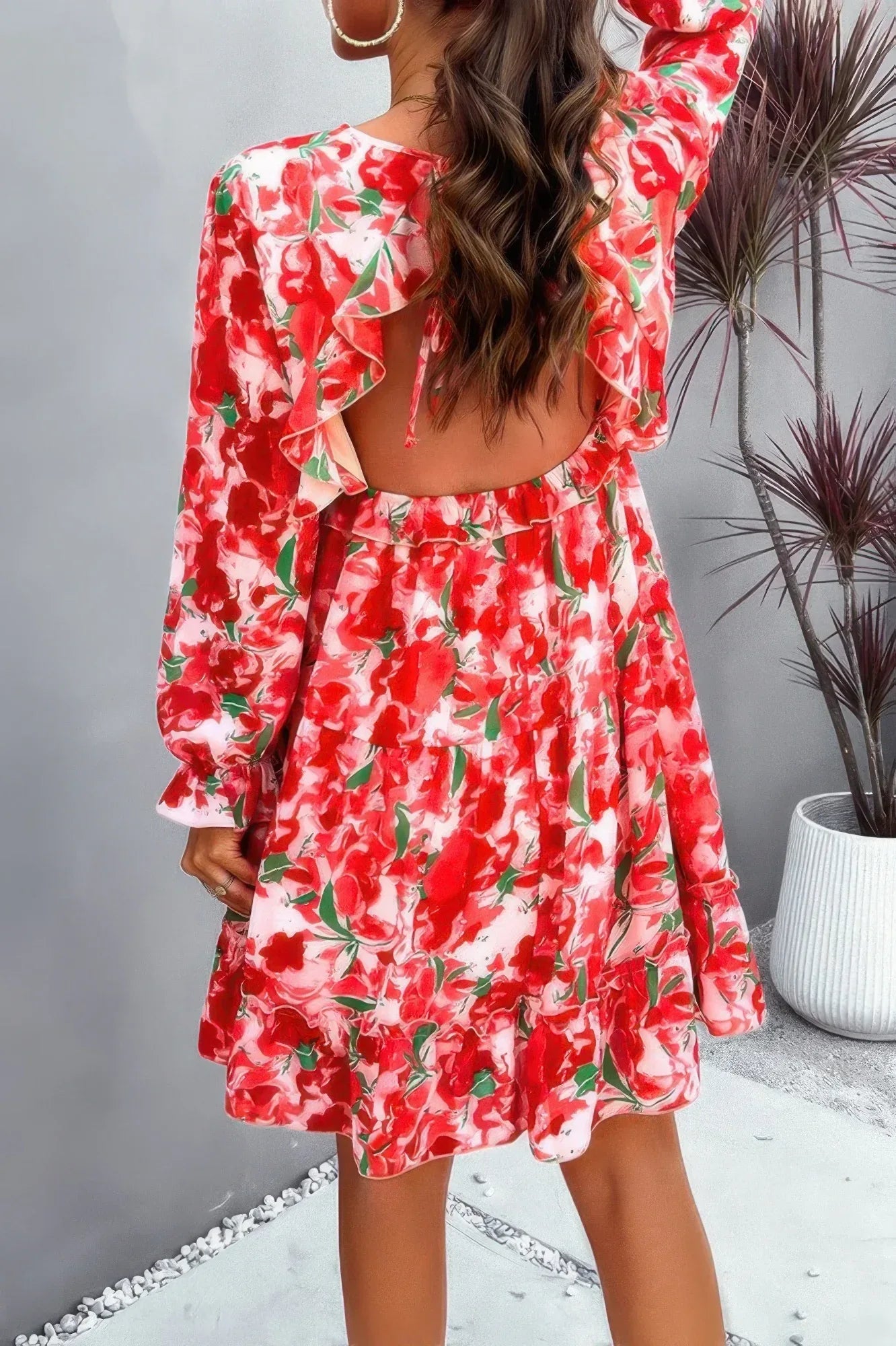 Elegant Printed V Neck Ruffled A Line Mini Dress | Mixtshop LLC