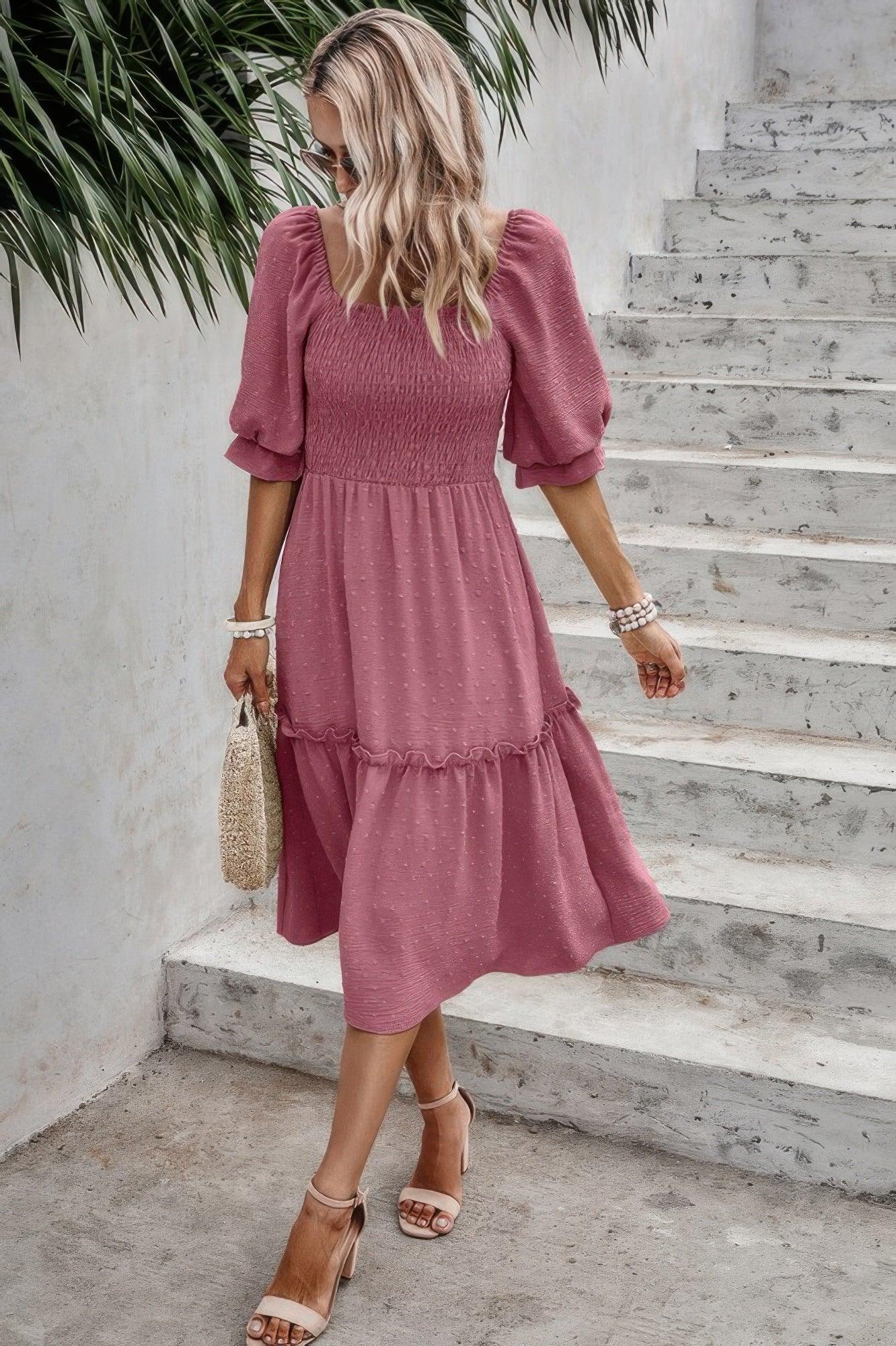 Square Neck Puff Sleeve Ruffle Hem Dress | Mixtshop LLC