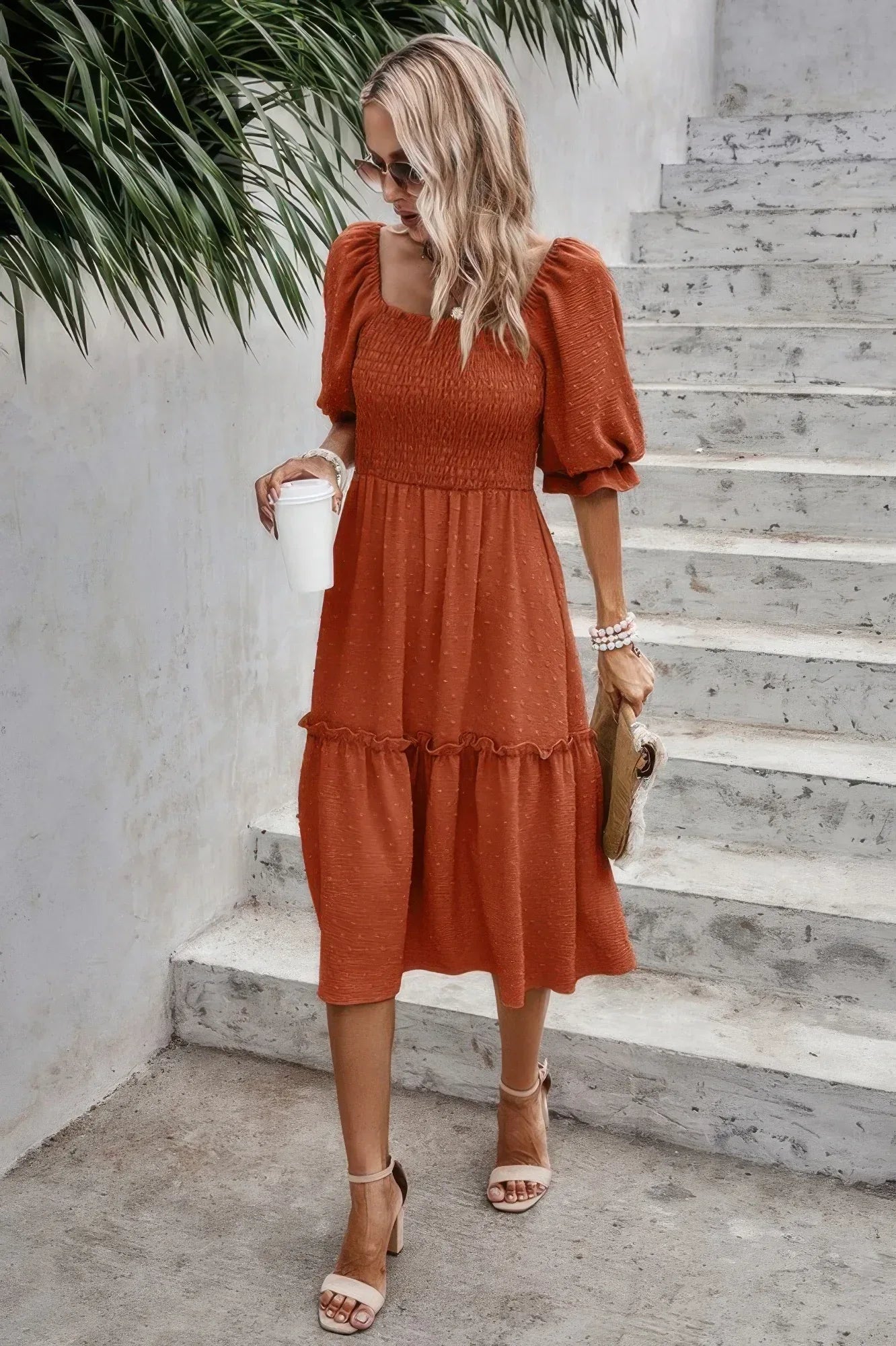 Square Neck Puff Sleeve Ruffle Hem Dress | Mixtshop LLC