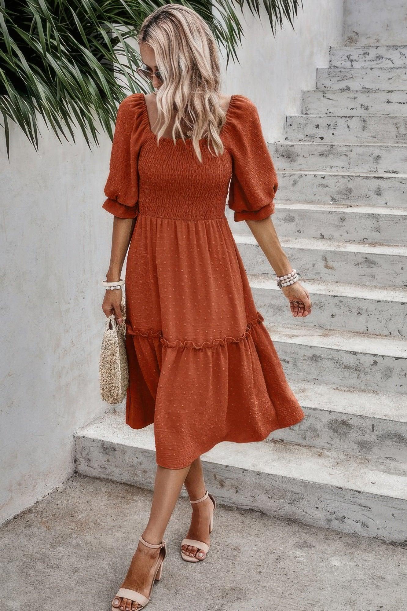 Square Neck Puff Sleeve Ruffle Hem Dress | Mixtshop LLC
