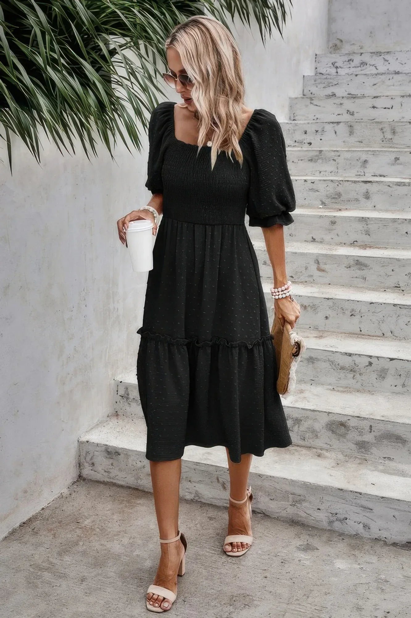 Square Neck Puff Sleeve Ruffle Hem Dress | Mixtshop LLC