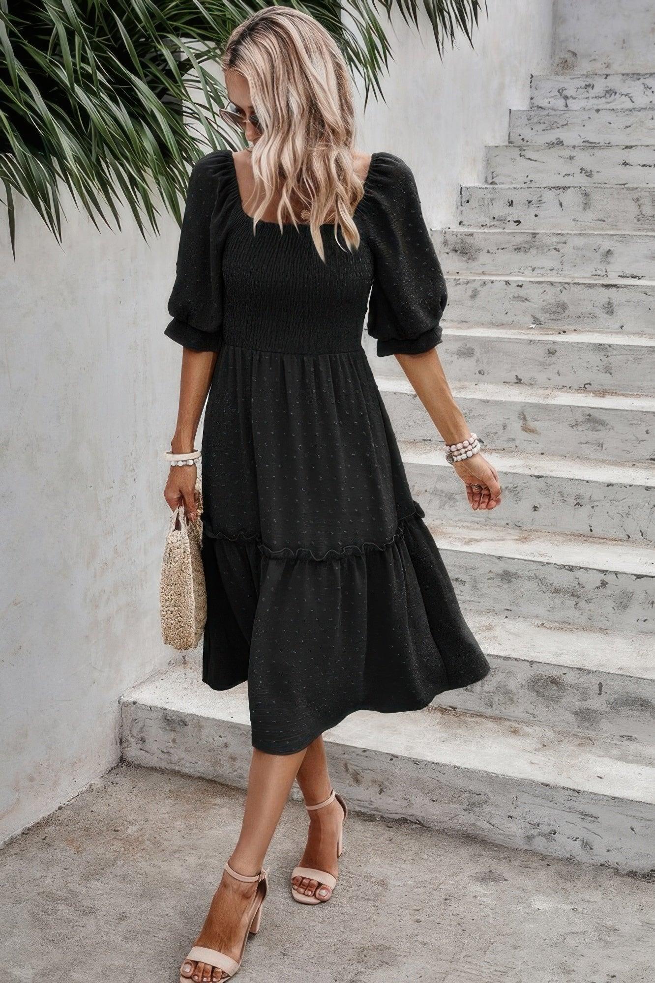 Square Neck Puff Sleeve Ruffle Hem Dress | Mixtshop LLC