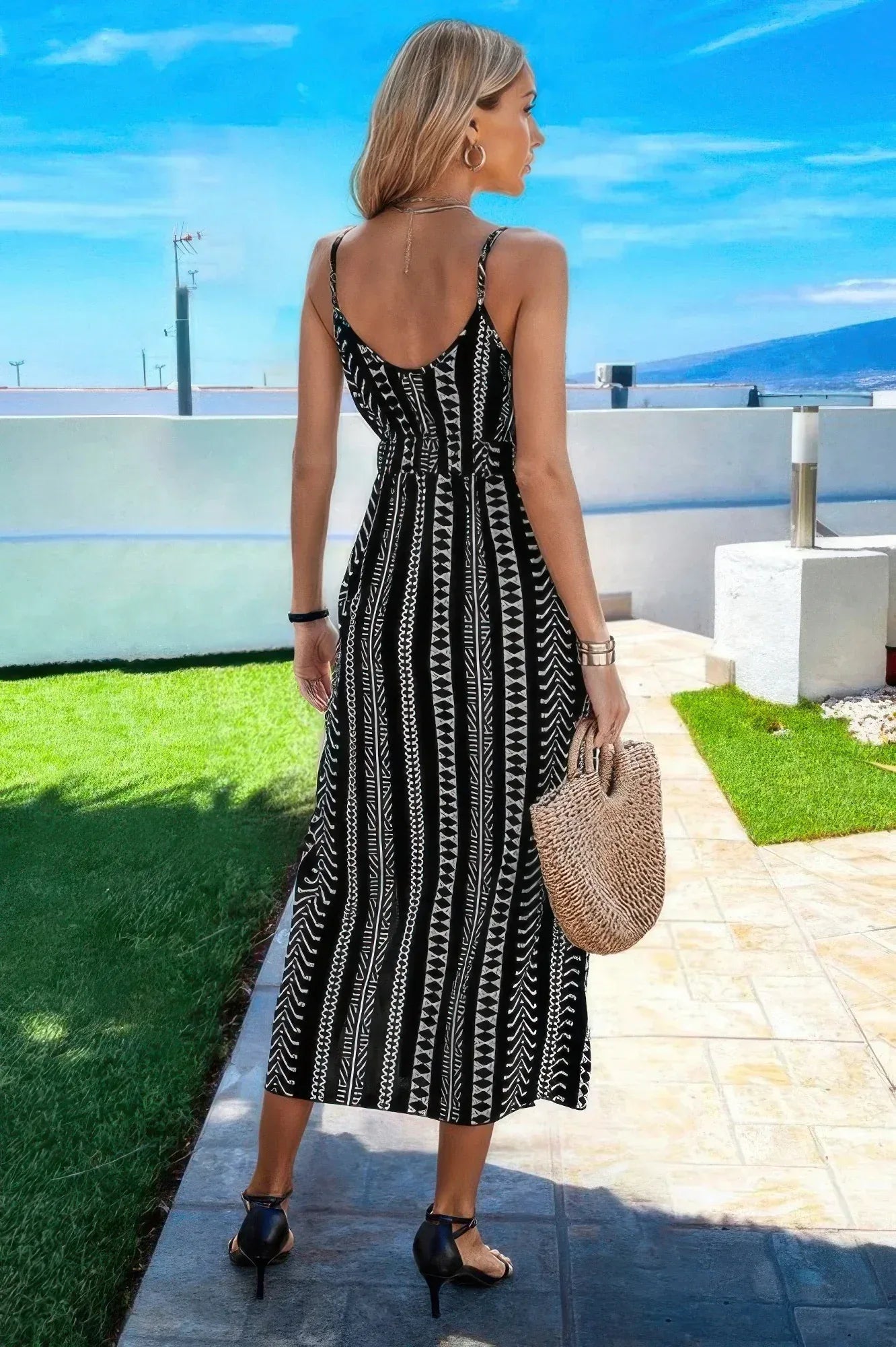V Neck Geo Print Split Thigh Sleeveless Cami Dress | Mixtshop LLC