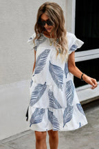 Leaf Print Ruffle Sleeves A Line Midi Dress | Mixtshop LLC