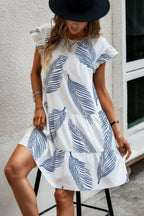 Leaf Print Ruffle Sleeves A Line Midi Dress | Mixtshop LLC