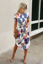 Notched Neck Floral Print Belted Fit Dress | Mixtshop LLC