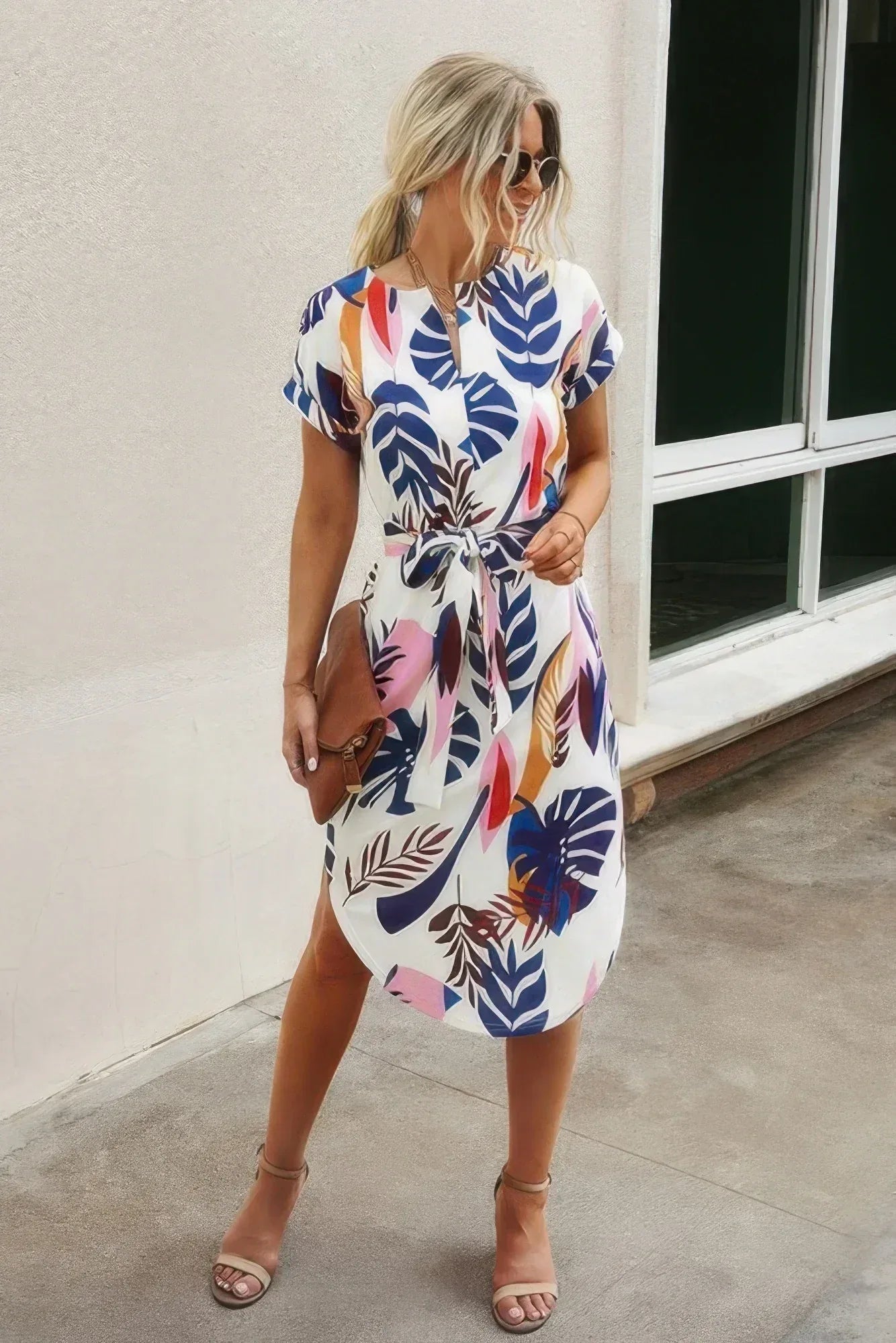 Notched Neck Floral Print Belted Fit Dress | Mixtshop LLC