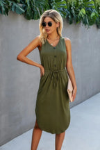Solid V Neck Drawstring Waist Curved Hem Dress | Mixtshop LLC