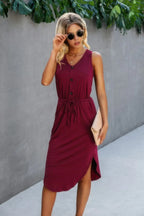 Solid V Neck Drawstring Waist Curved Hem Dress | Mixtshop LLC