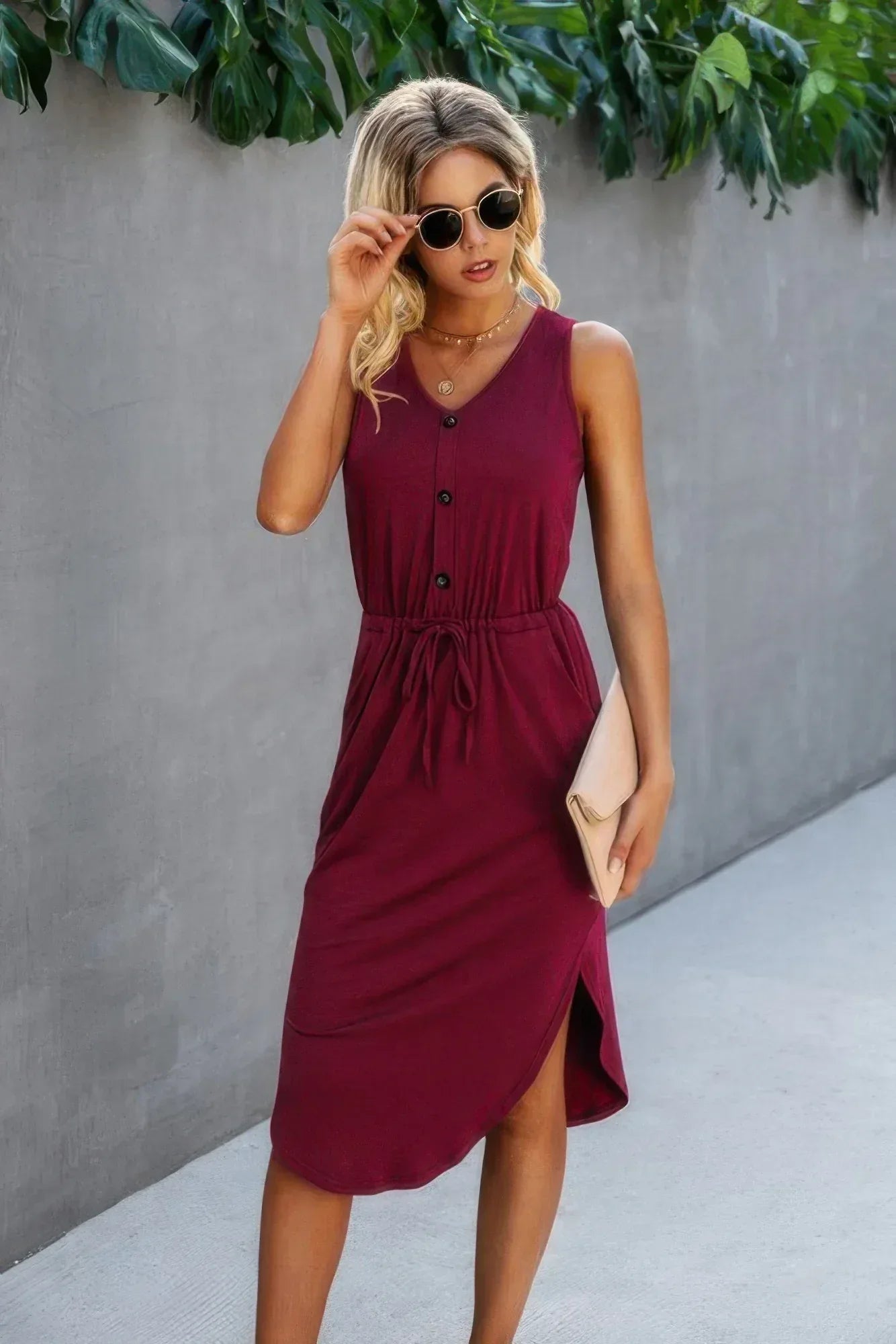 Solid V Neck Drawstring Waist Curved Hem Dress | Mixtshop LLC