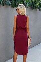 Solid V Neck Drawstring Waist Curved Hem Dress | Mixtshop LLC