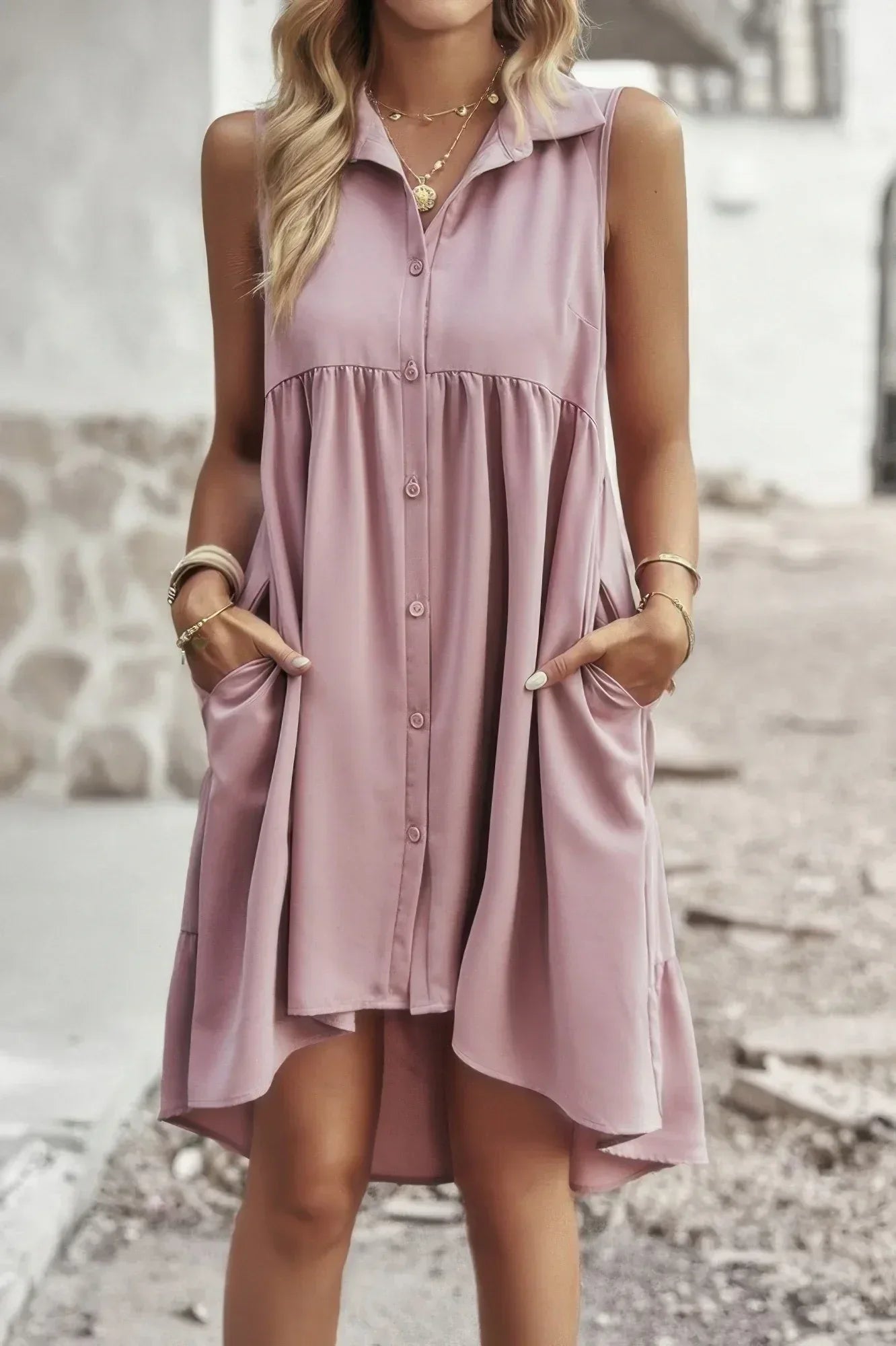 Sleeveless Solid Peplum Shirt Dress | Mixtshop LLC