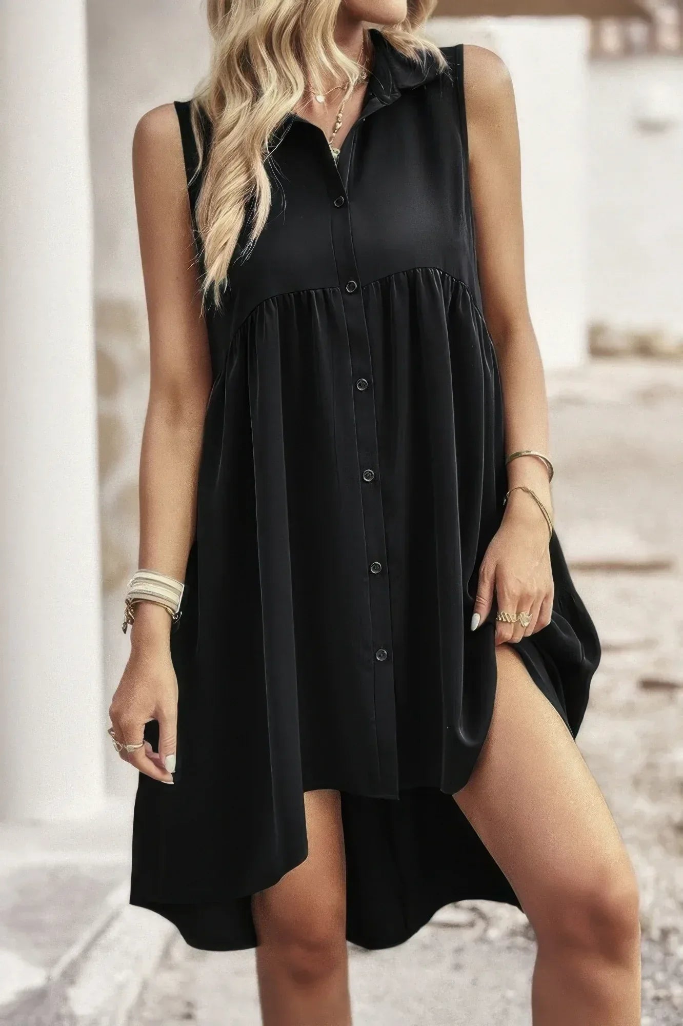 Sleeveless Solid Peplum Shirt Dress | Mixtshop LLC