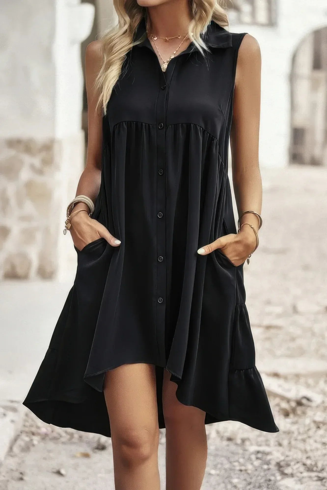 Sleeveless Solid Peplum Shirt Dress | Mixtshop LLC