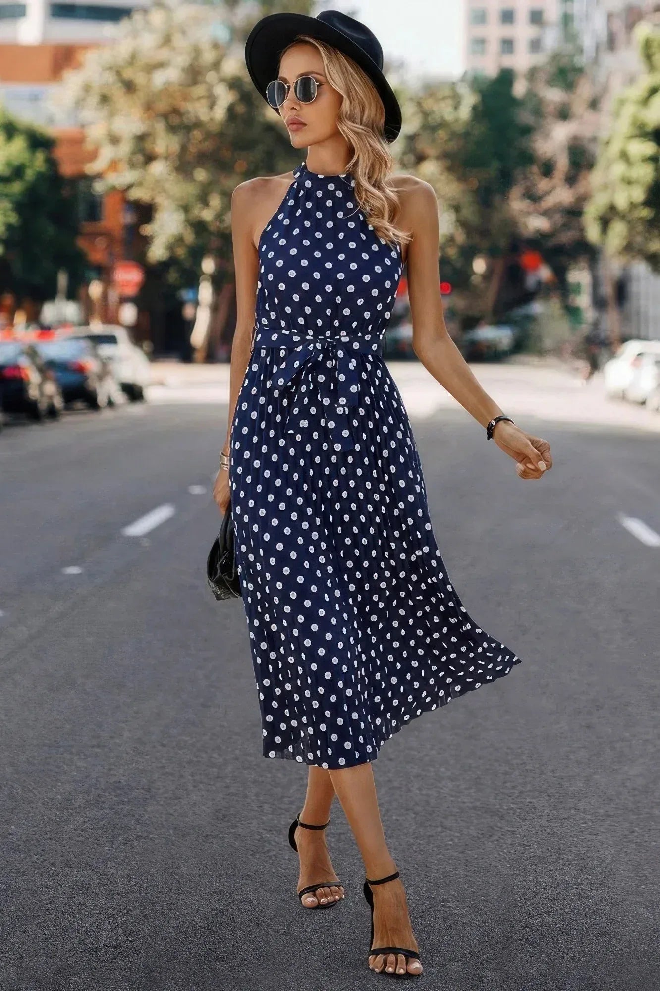 Dot Print Open Shoulder Fit Knot Belt Dress | Mixtshop LLC Main image