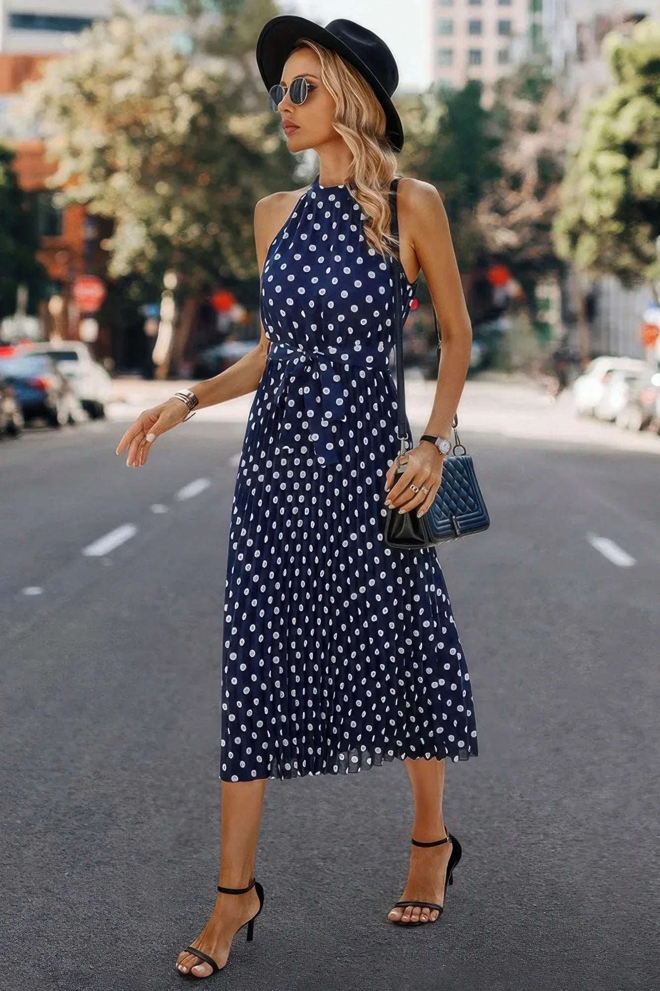 Dot Print Open Shoulder Fit Knot Belt Dress | Mixtshop LLC