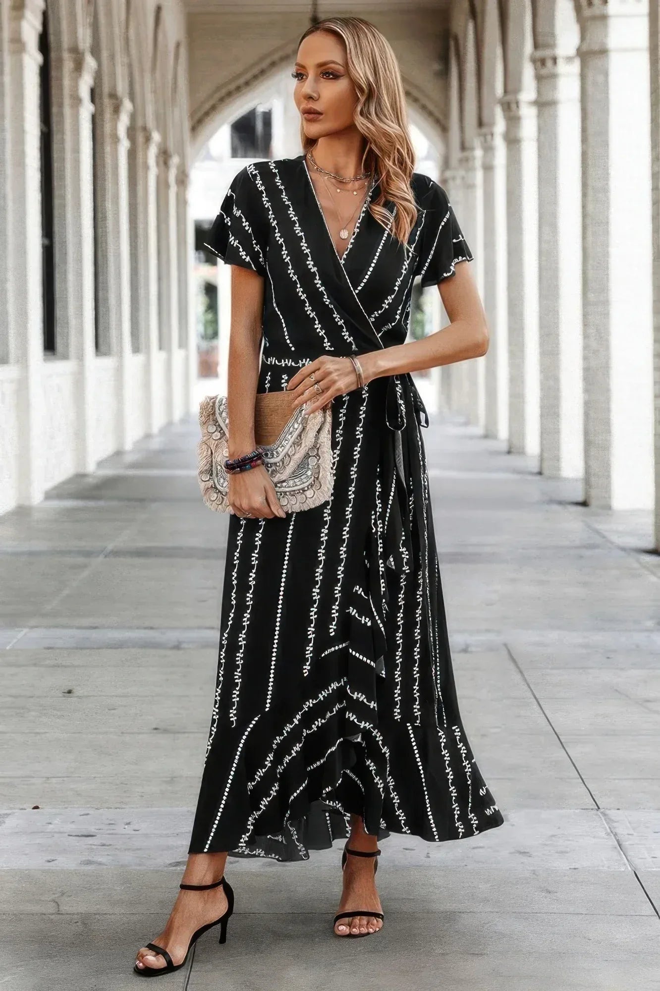 Strip Knot Belt Split V Neck Hem Ruffle Fit Dress | Mixtshop LLC Main image