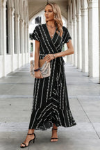 Strip Knot Belt Split V Neck Hem Ruffle Fit Dress | Mixtshop LLC