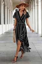 Strip Knot Belt Split V Neck Hem Ruffle Fit Dress | Mixtshop LLC
