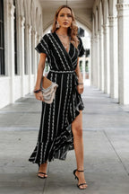 Strip Knot Belt Split V Neck Hem Ruffle Fit Dress | Mixtshop LLC