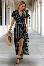 Strip Knot Belt Split V Neck Hem Ruffle Fit Dress | Mixtshop LLC