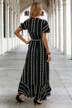 Strip Knot Belt Split V Neck Hem Ruffle Fit Dress | Mixtshop LLC