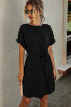 Solid Round Neck Tie Waist Belt Fit Dress | Mixtshop LLC