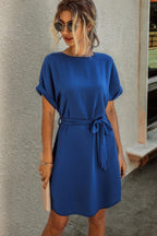 Solid Round Neck Tie Waist Belt Fit Dress | Mixtshop LLC