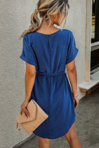 Solid Round Neck Tie Waist Belt Fit Dress | Mixtshop LLC
