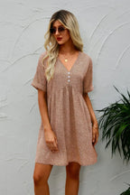 Button V Neck Short Sleeve Tunic Short Dress | Mixtshop LLC