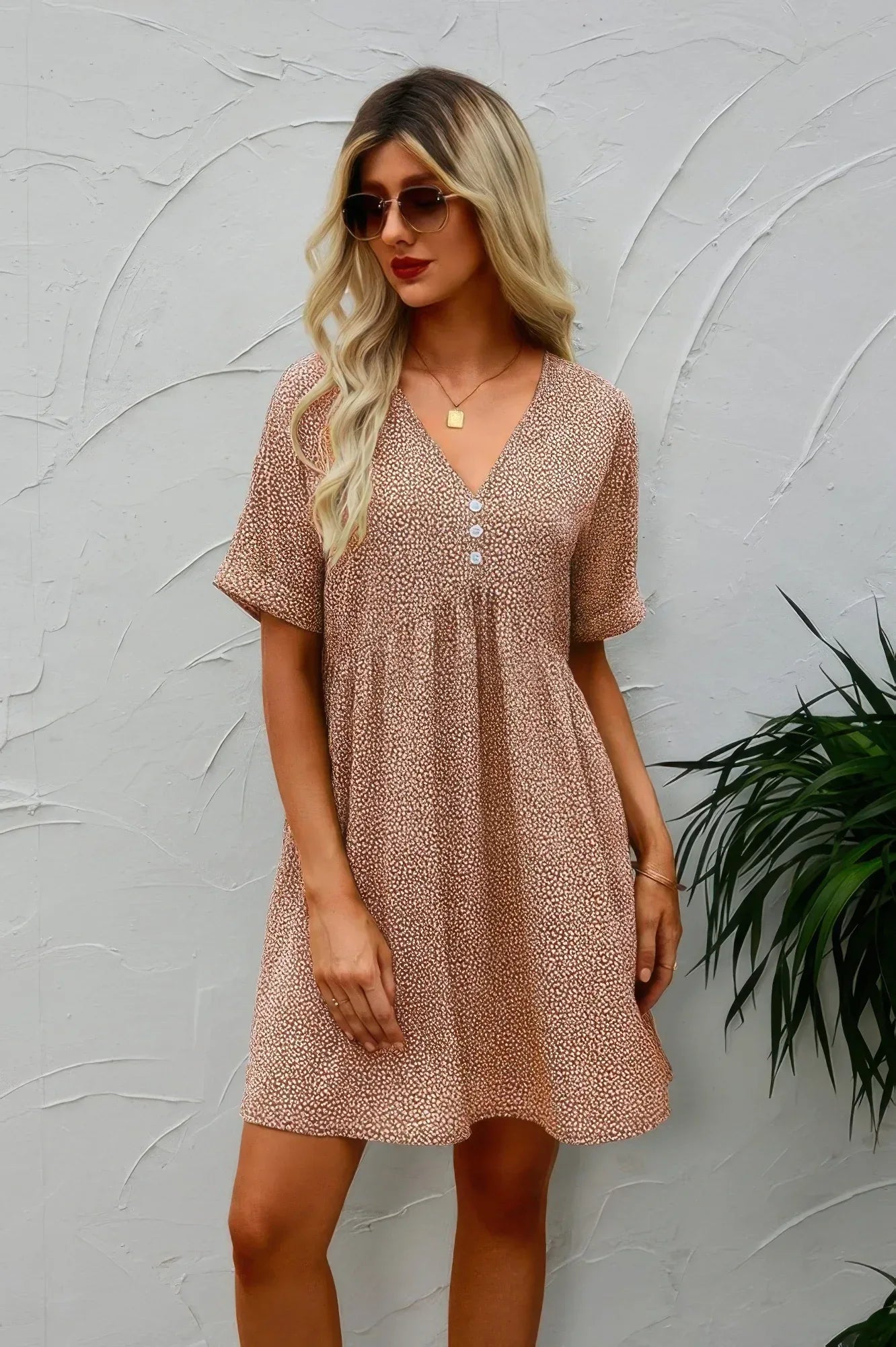 Button V Neck Short Sleeve Tunic Short Dress | Mixtshop LLC