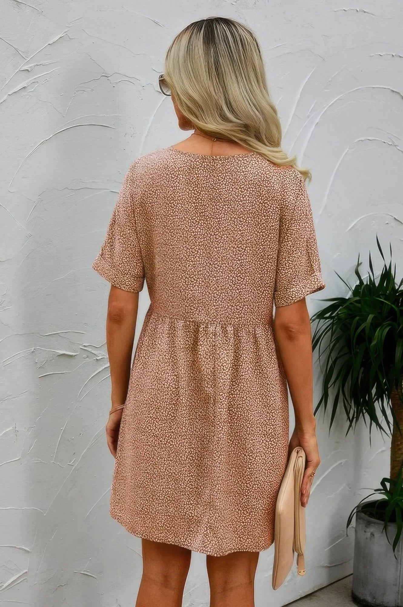 Button V Neck Short Sleeve Tunic Short Dress | Mixtshop LLC