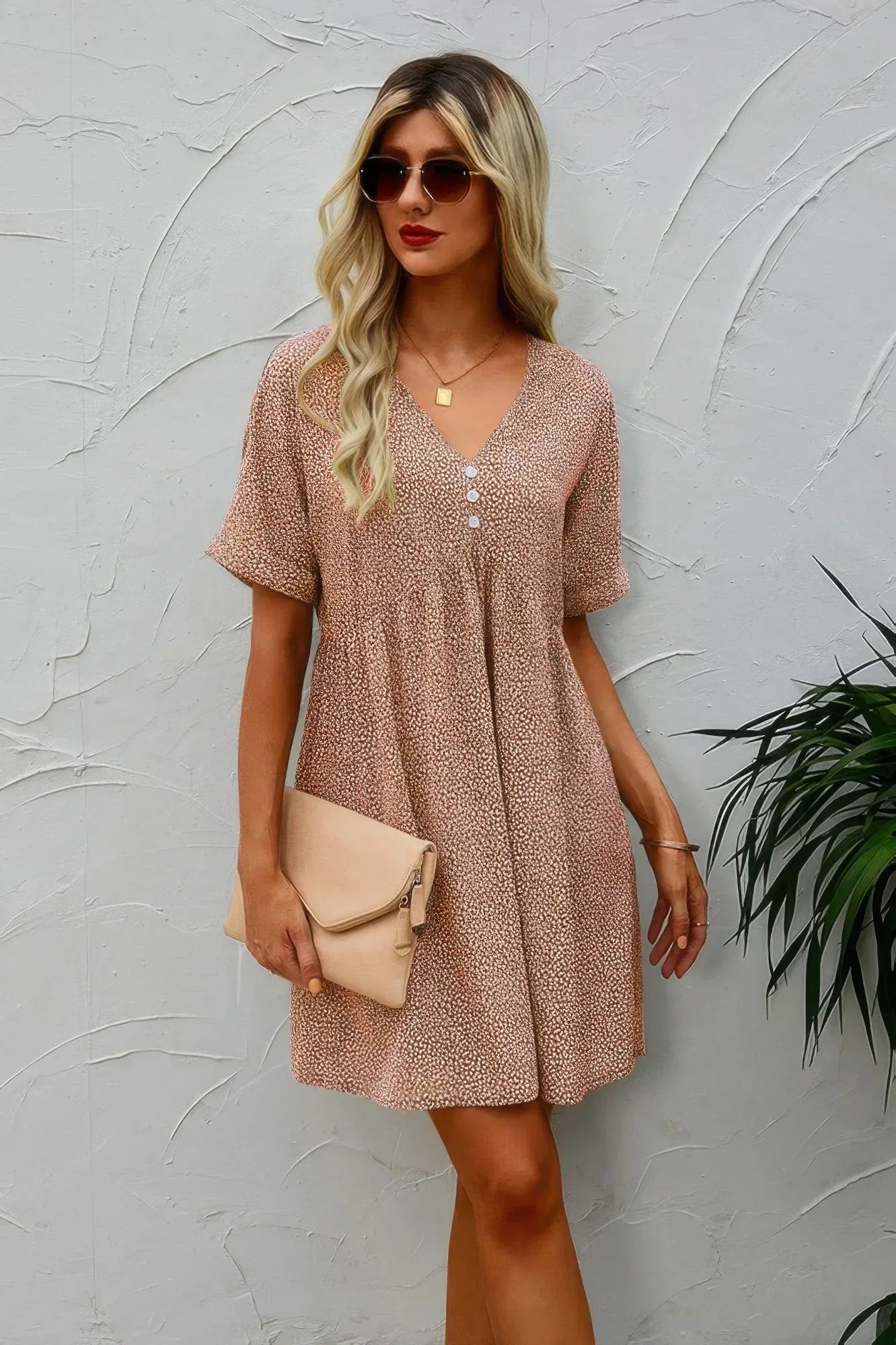 Button V Neck Short Sleeve Tunic Short Dress | Mixtshop LLC