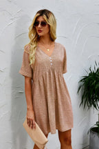 Button V Neck Short Sleeve Tunic Short Dress | Mixtshop LLC