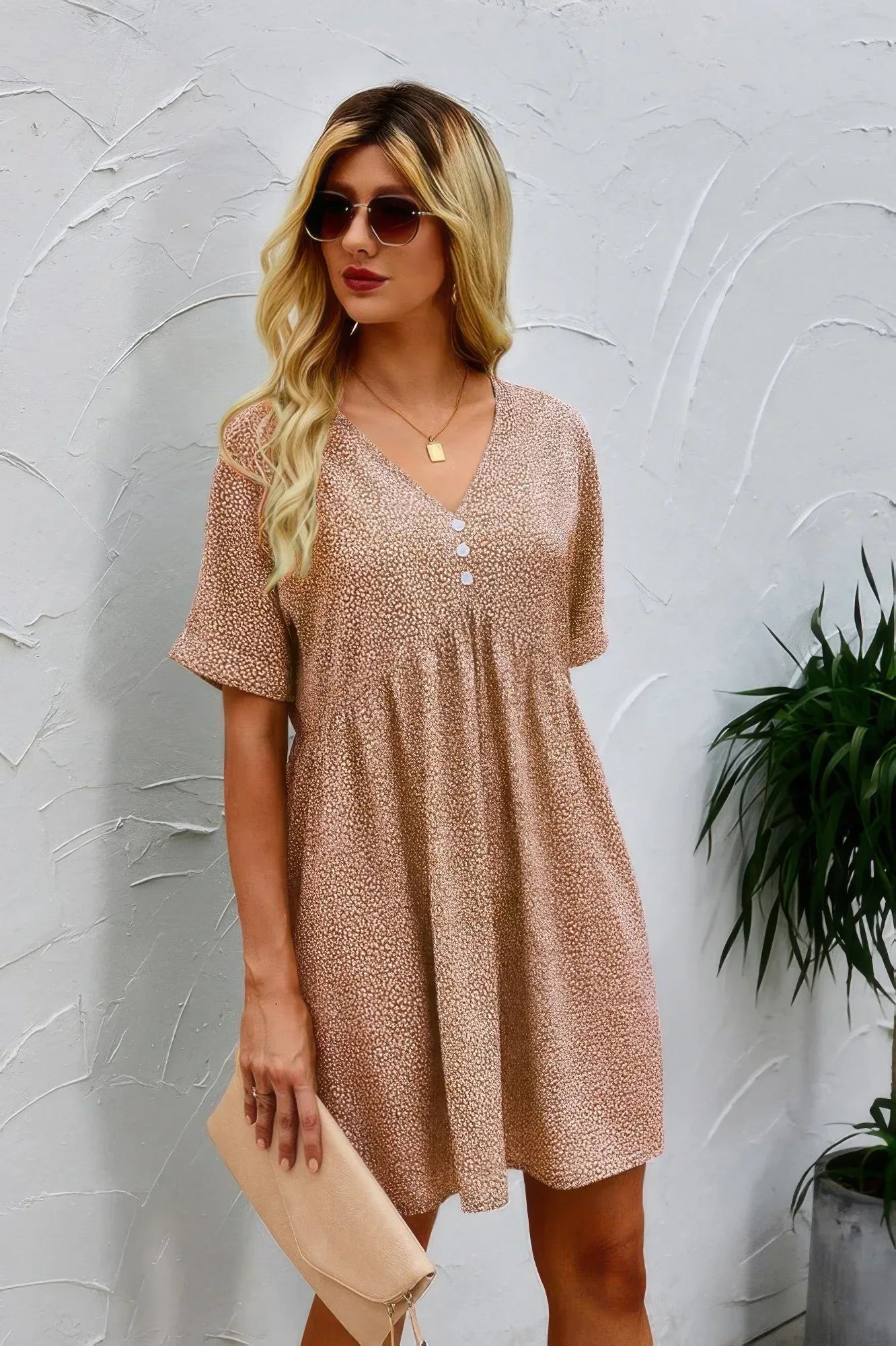 Button V Neck Short Sleeve Tunic Short Dress | Mixtshop LLC