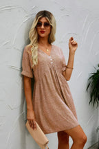 Button V Neck Short Sleeve Tunic Short Dress | Mixtshop LLC