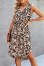 Leopard V Neck Sleeveless Button Fit Midi Dress | Mixtshop LLC