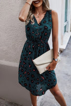 Leopard V Neck Sleeveless Button Fit Midi Dress | Mixtshop LLC