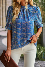 Floral Ruffle Mock Neck Puff Short Sleeve Shirt | Mixtshop LLC
