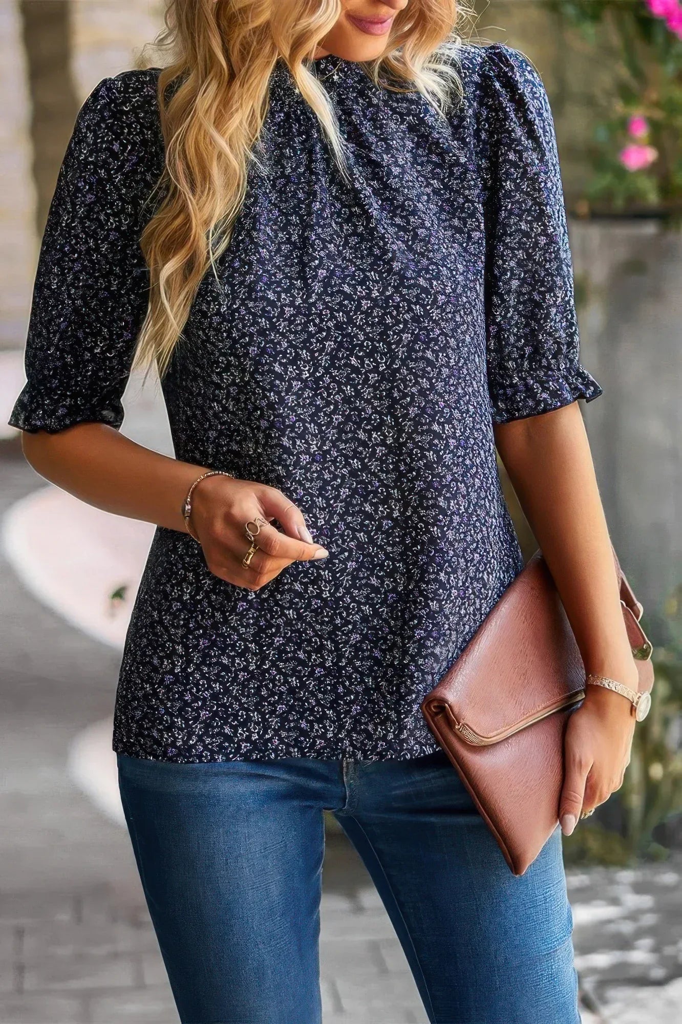 Floral Ruffle Mock Neck Puff Short Sleeve Shirt | Mixtshop LLC