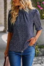 Floral Ruffle Mock Neck Puff Short Sleeve Shirt | Mixtshop LLC