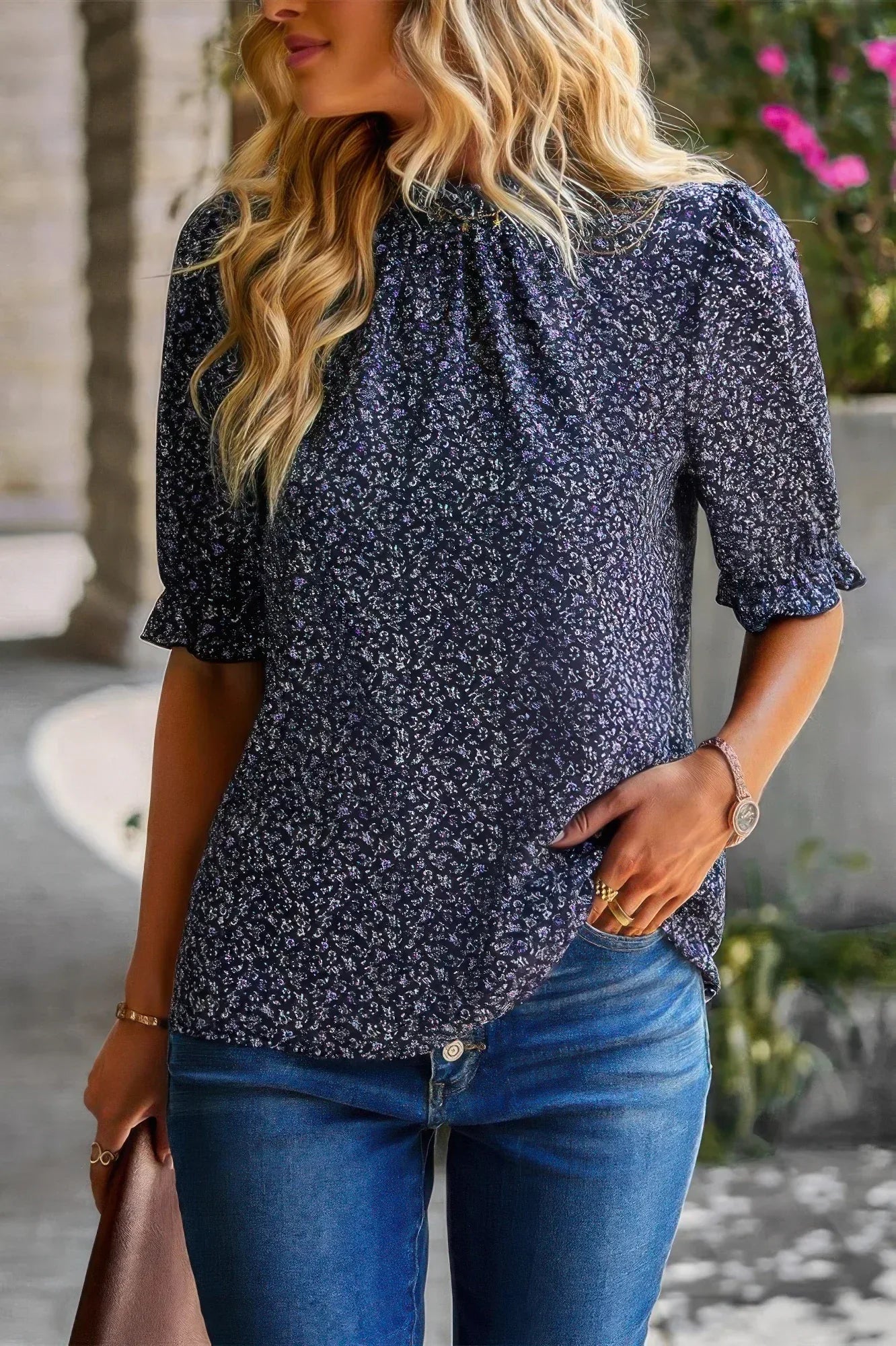 Floral Ruffle Mock Neck Puff Short Sleeve Shirt | Mixtshop LLC