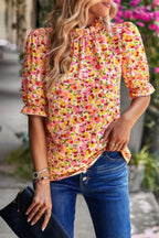 Floral Ruffle Mock Neck Puff Short Sleeve Shirt | Mixtshop LLC