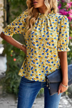 Floral Ruffle Mock Neck Puff Short Sleeve Shirt | Mixtshop LLC
