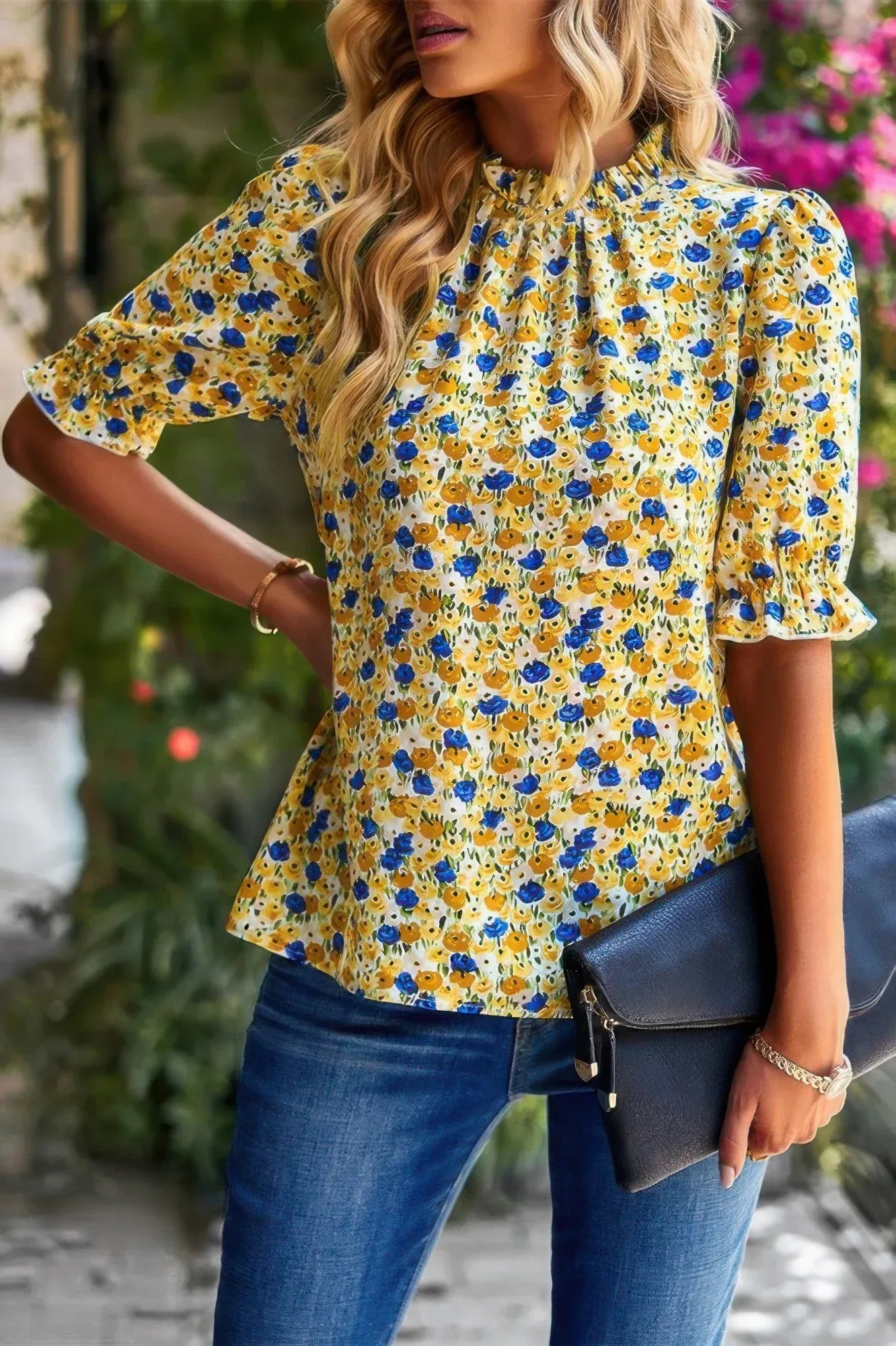 Floral Ruffle Mock Neck Puff Short Sleeve Shirt | Mixtshop LLC